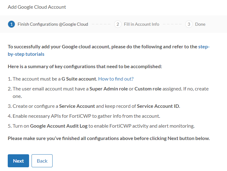 Add Google Cloud Account FortiCWP 22.2.a